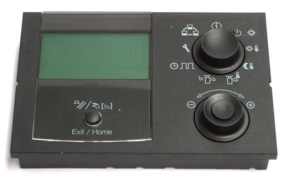 Bedieneinheit mit LCD-Display und mehreren Tasten und Drehreglern, geeignet für Daikin Geräte mit RoCon Steuerung. Anordnung auf dunklem Hintergrund.